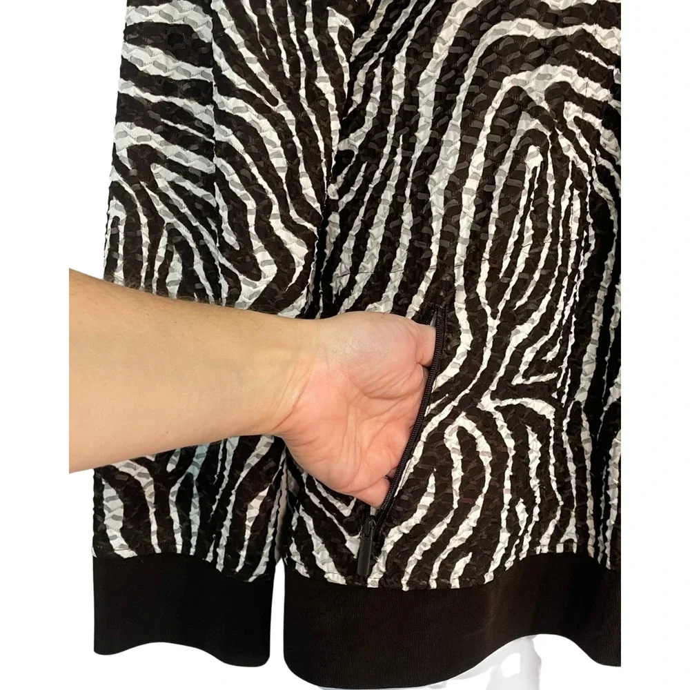 Chico's Sz 2 12-14 L Zip-Up Track Jacket Bomber Style Burnout Zebra Print Brown